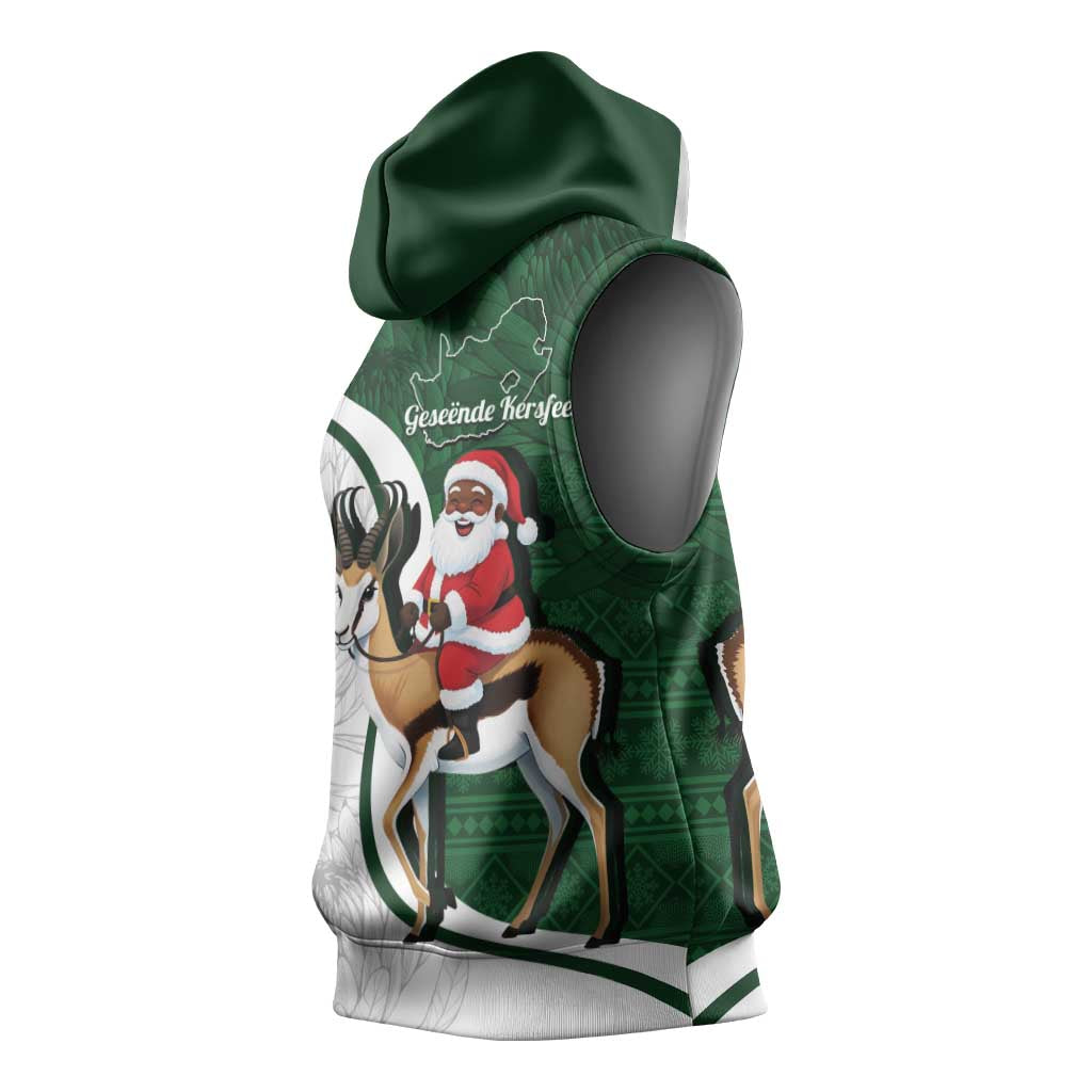 South Africa Christmas In July Sleeveless Hoodie Geseende Kersfees Springbok Black Santa - African Pride