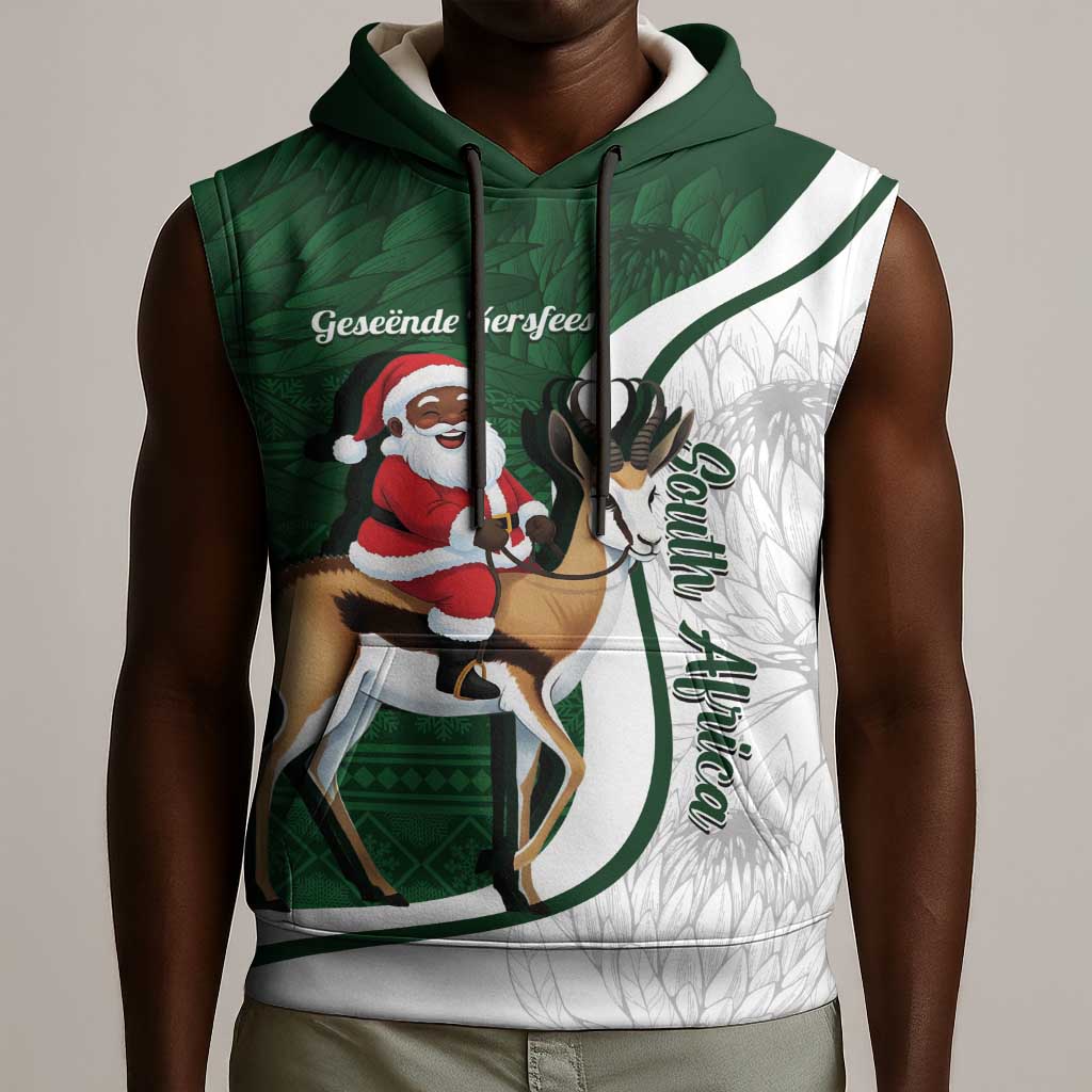 South Africa Christmas In July Sleeveless Hoodie Geseende Kersfees Springbok Black Santa - African Pride