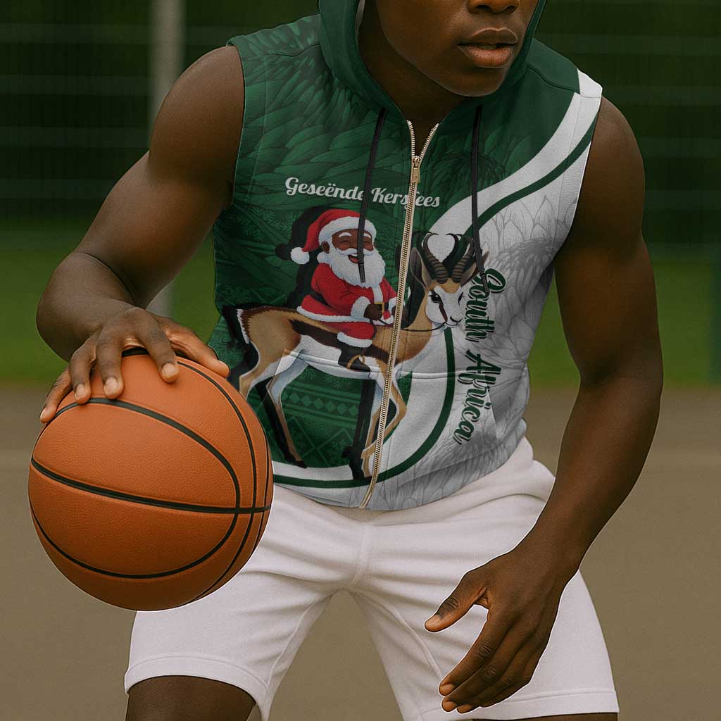 South Africa Christmas In July Sleeveless Zip Hoodie Geseende Kersfees Springbok Black Santa - African Pride