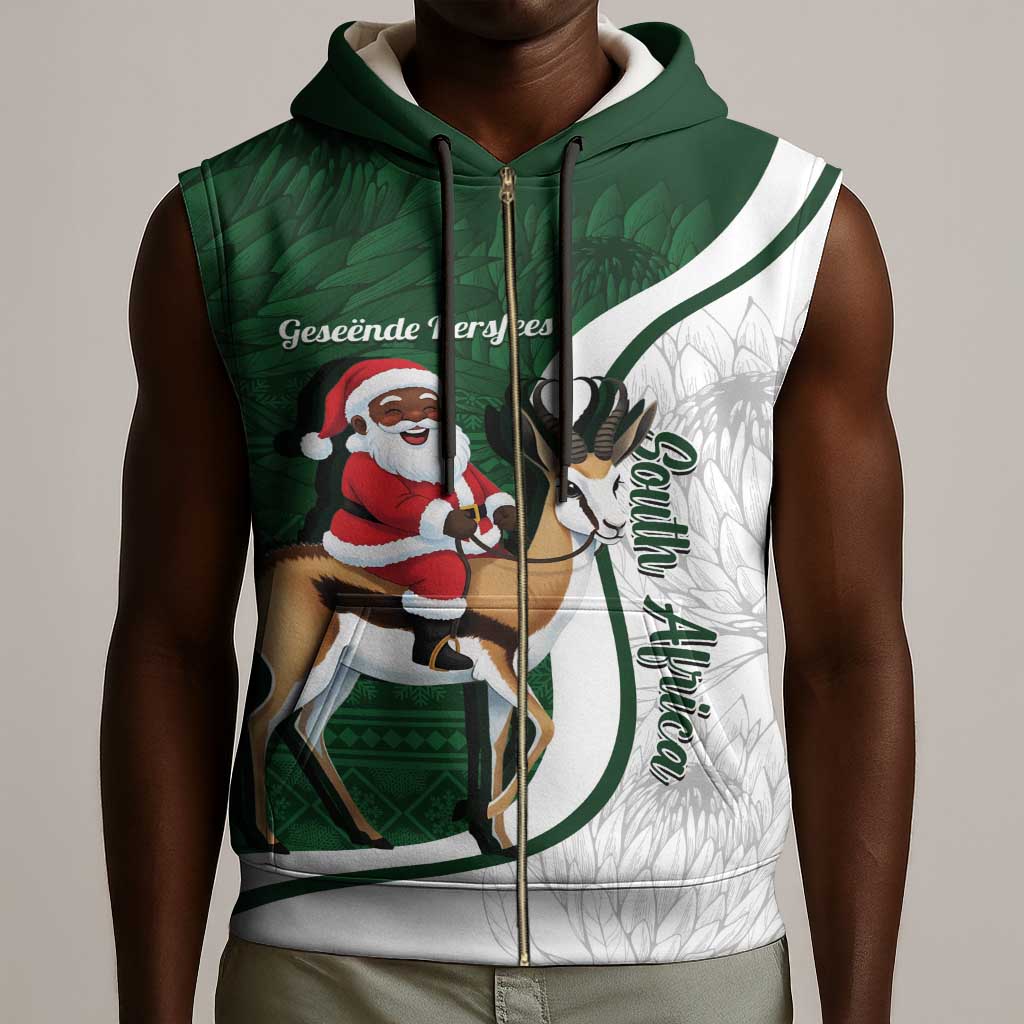 South Africa Christmas In July Sleeveless Zip Hoodie Geseende Kersfees Springbok Black Santa - African Pride