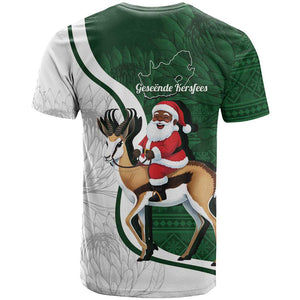 South Africa Christmas In July T shirt Geseende Kersfees Springbok Black Santa