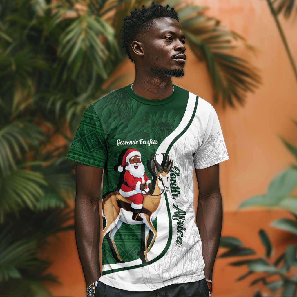 South Africa Christmas In July T shirt Geseende Kersfees Springbok Black Santa