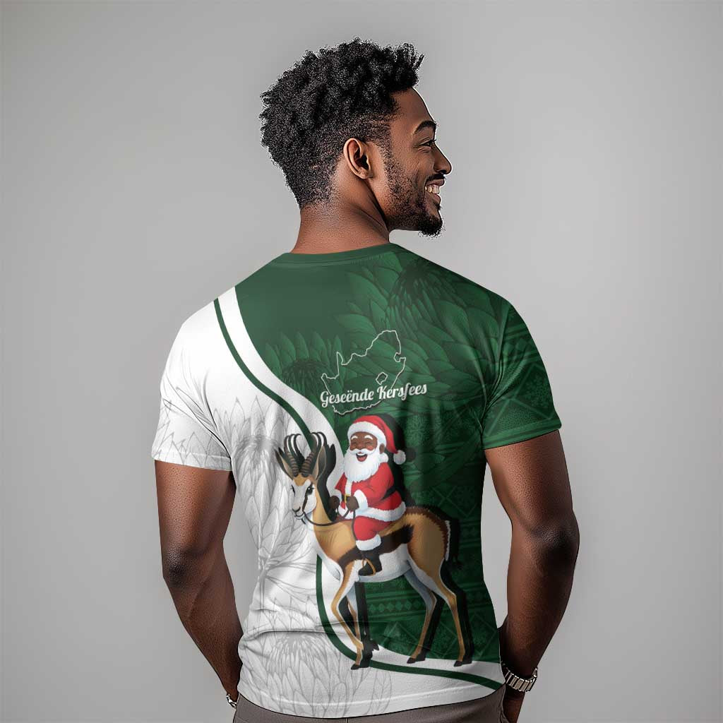 South Africa Christmas In July T shirt Geseende Kersfees Springbok Black Santa