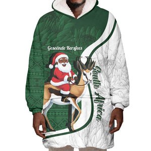 South Africa Christmas In July Wearable Blanket Hoodie Geseende Kersfees Springbok Black Santa