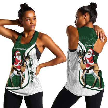 South Africa Christmas In July Women Racerback Tank Geseende Kersfees Springbok Black Santa