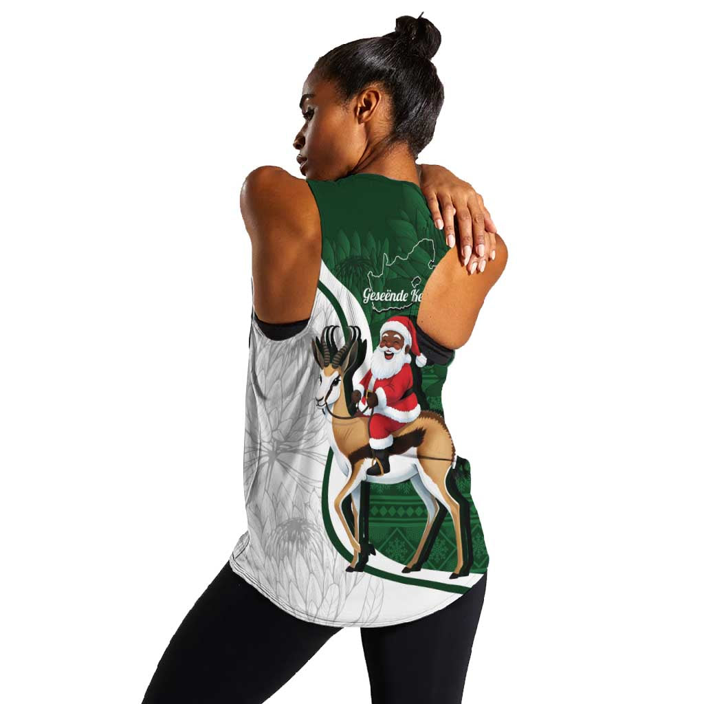 South Africa Christmas In July Women Racerback Tank Geseende Kersfees Springbok Black Santa
