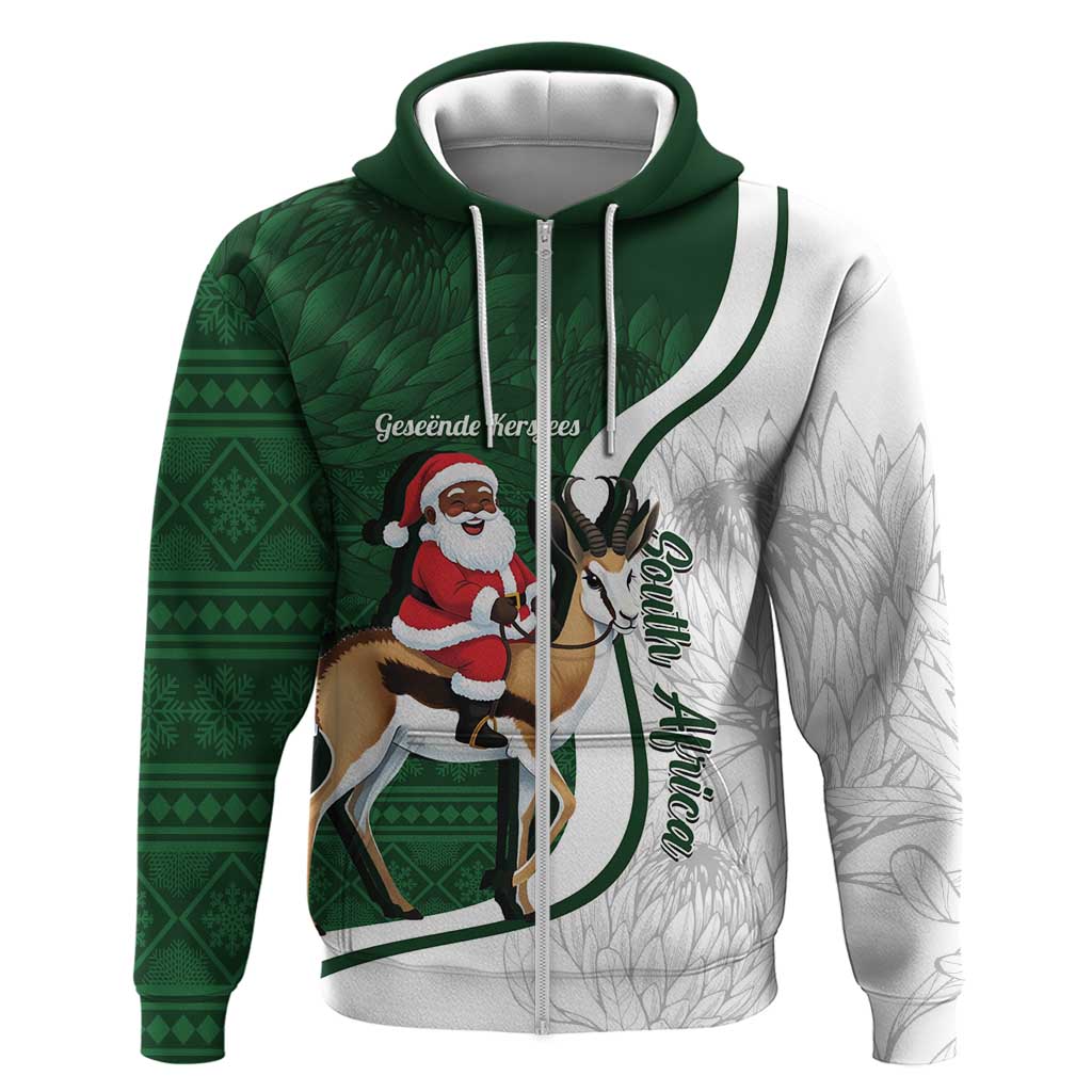 South Africa Christmas In July Zip Hoodie Geseende Kersfees Springbok Black Santa