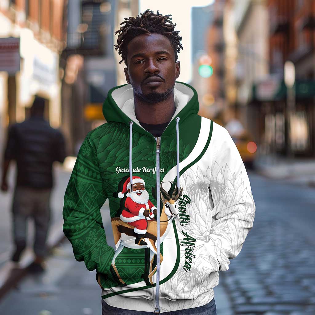 South Africa Christmas In July Zip Hoodie Geseende Kersfees Springbok Black Santa