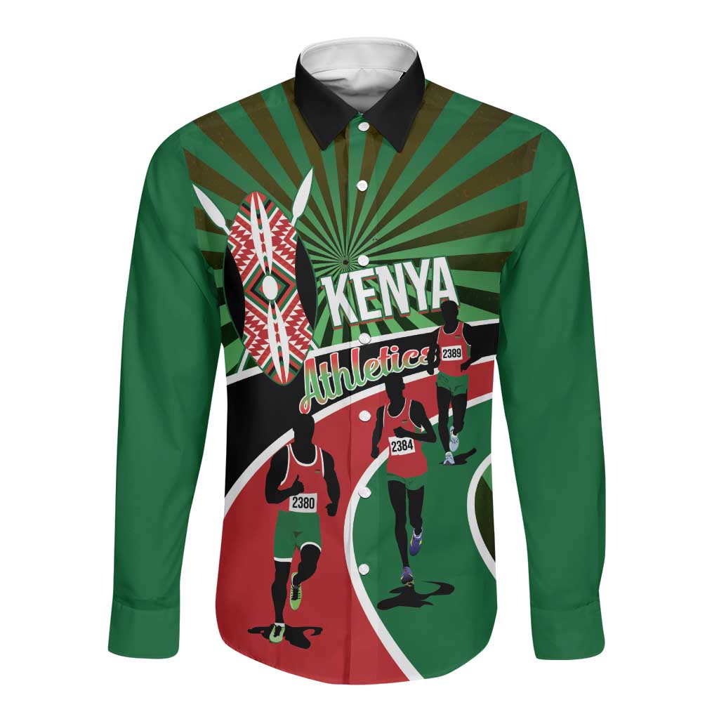 Afro Athletics Kenya Long Sleeve Button Shirt Olono Maasai Shield Running Way - African Pride