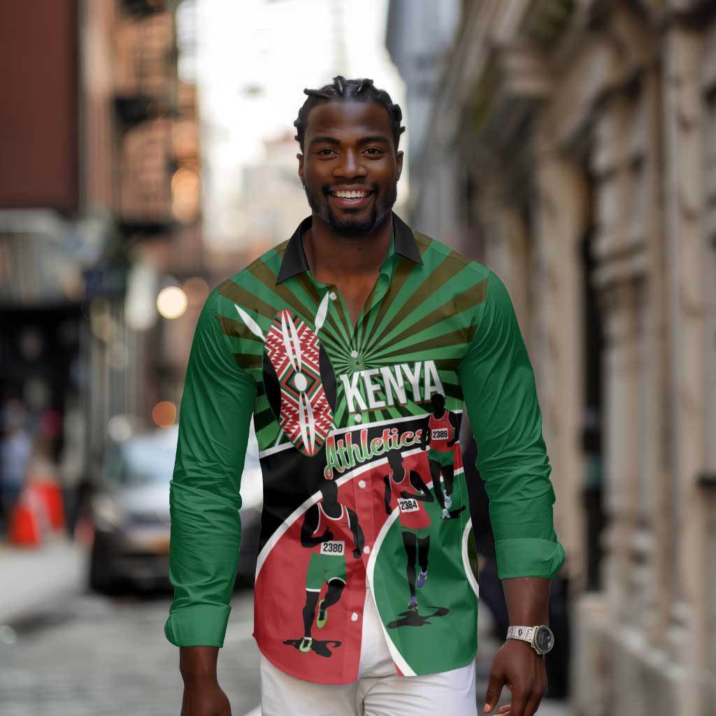 Afro Athletics Kenya Long Sleeve Button Shirt Olono Maasai Shield Running Way - African Pride