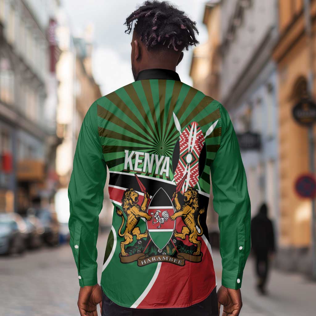 Afro Athletics Kenya Long Sleeve Button Shirt Olono Maasai Shield Running Way - African Pride