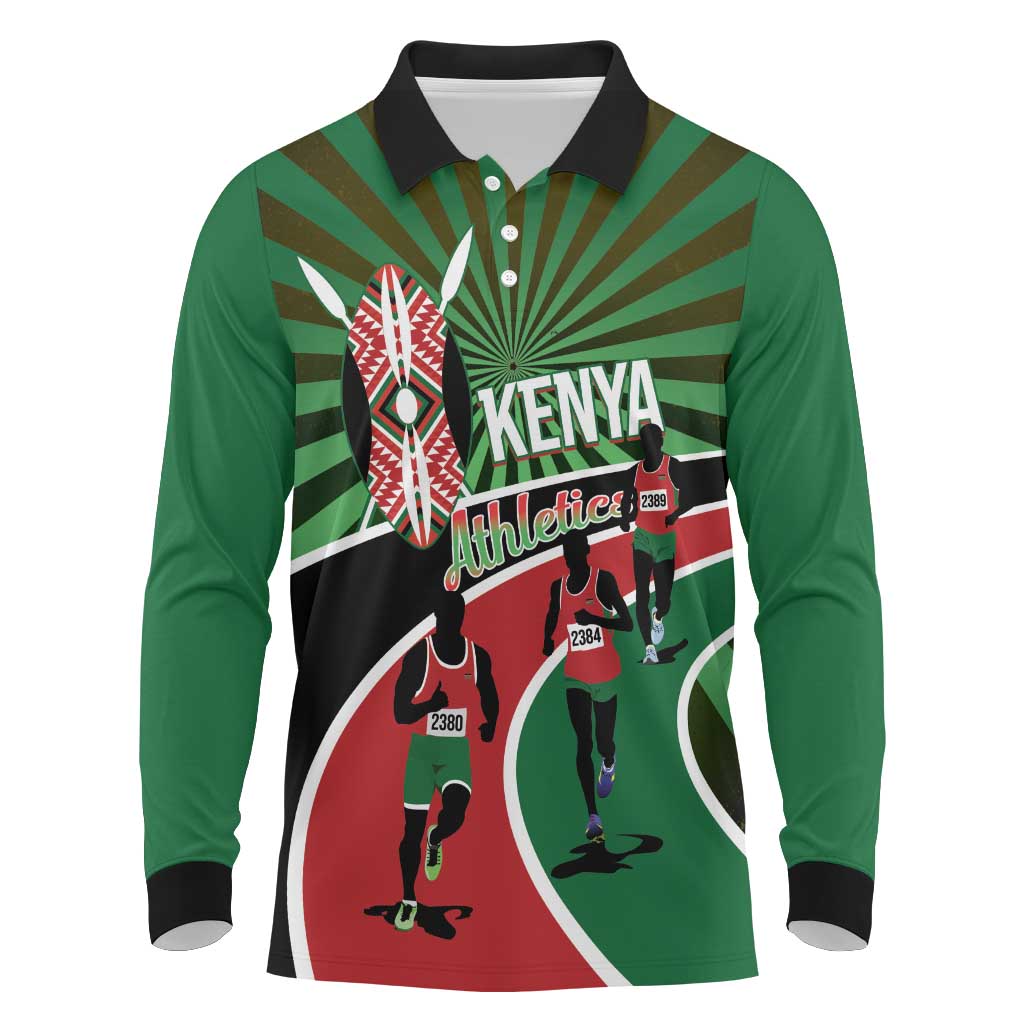 Afro Athletics Kenya Long Sleeve Polo Shirt Olono Maasai Shield Running Way - African Pride