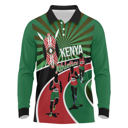 Afro Athletics Kenya Long Sleeve Polo Shirt Olono Maasai Shield Running Way - African Pride