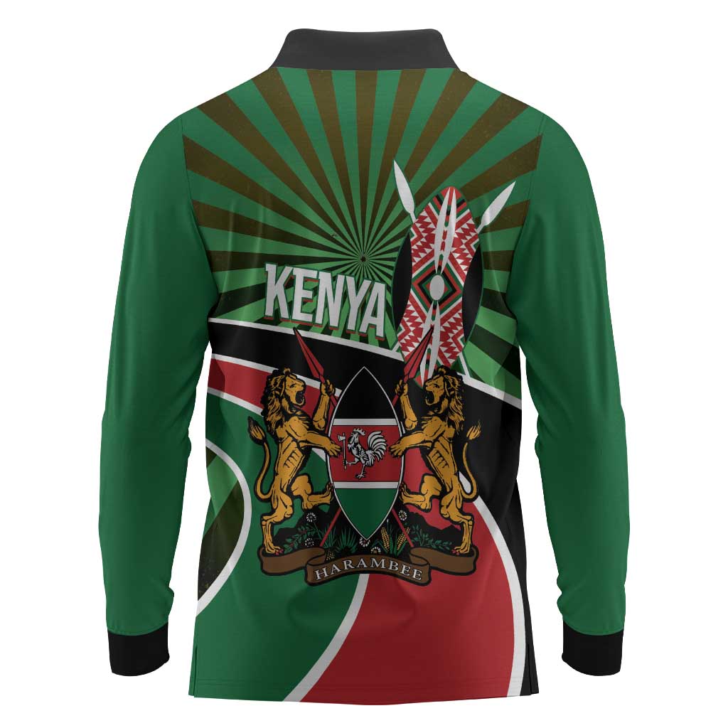 Afro Athletics Kenya Long Sleeve Polo Shirt Olono Maasai Shield Running Way - African Pride