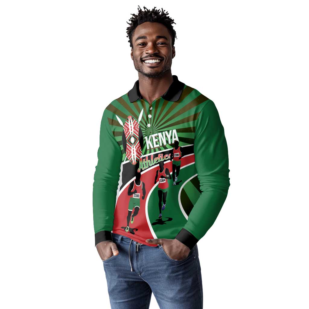 Afro Athletics Kenya Long Sleeve Polo Shirt Olono Maasai Shield Running Way - African Pride