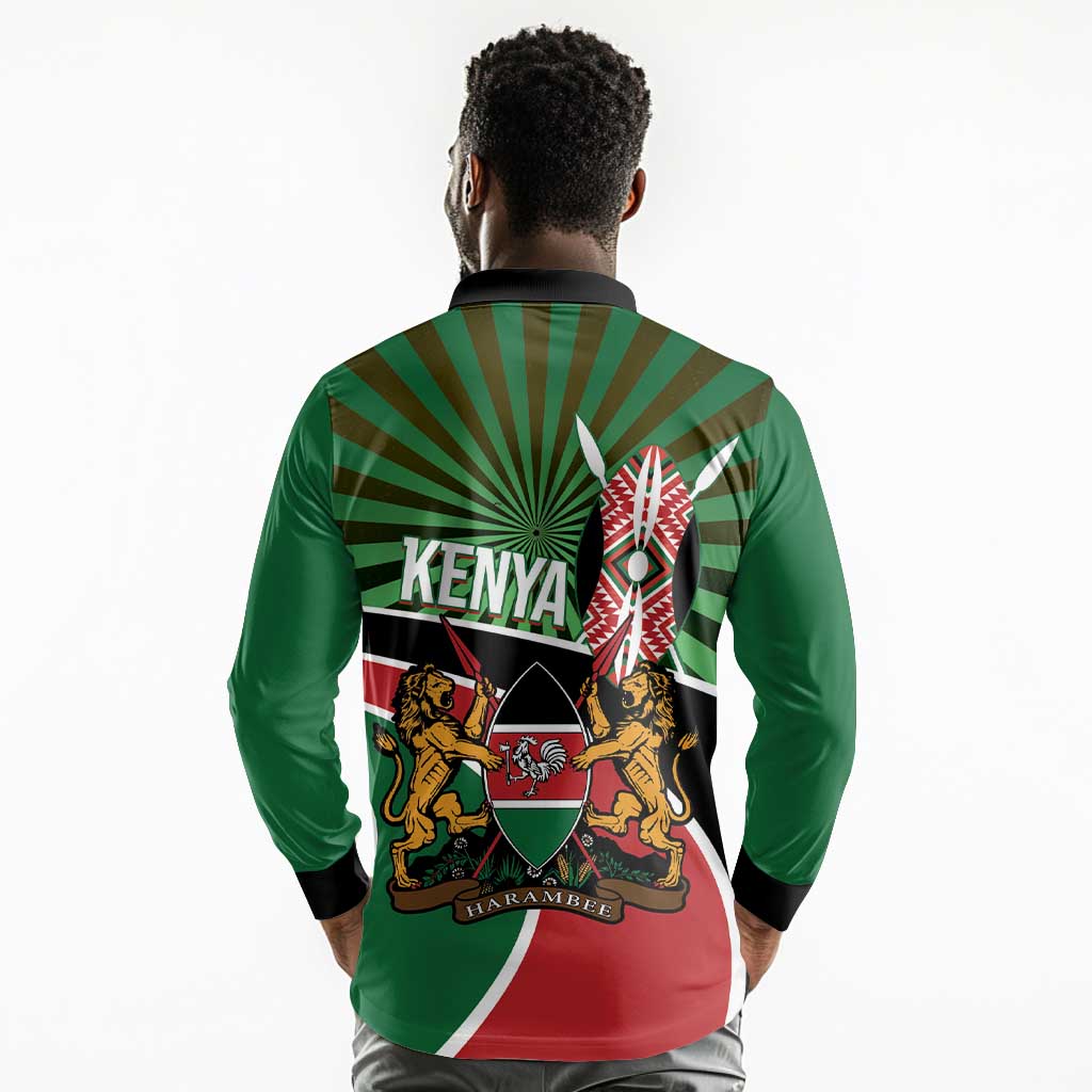 Afro Athletics Kenya Long Sleeve Polo Shirt Olono Maasai Shield Running Way - African Pride