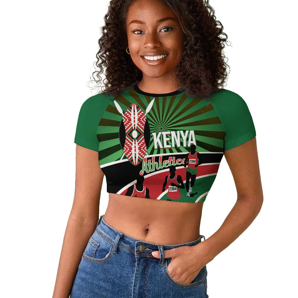 Afro Athletics Kenya Raglan Cropped T shirt Olono Maasai Shield Running Way - African Pride