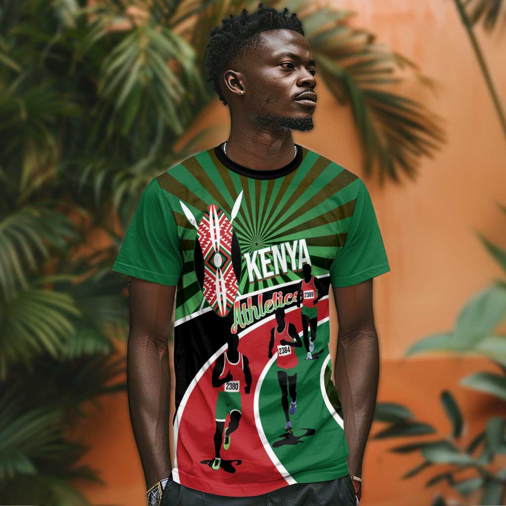 Afro Athletics Kenya T shirt Olono Maasai Shield Running Way - African Pride