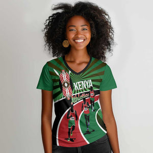 Afro Athletics Kenya Women V-Neck T-Shirt Olono Maasai Shield Running Way - African Pride