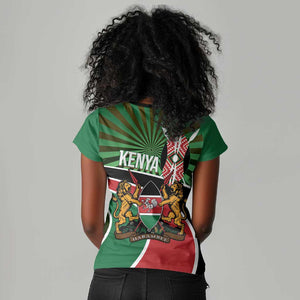 Afro Athletics Kenya Women V-Neck T-Shirt Olono Maasai Shield Running Way - African Pride