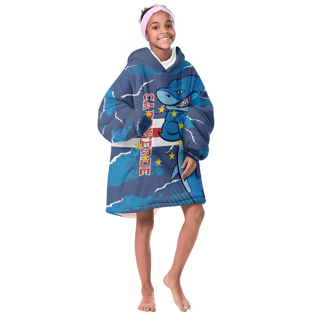 Custom Cape Verde Football Kid Wearable Blanket Hoodie Blue Sharks Mascot
