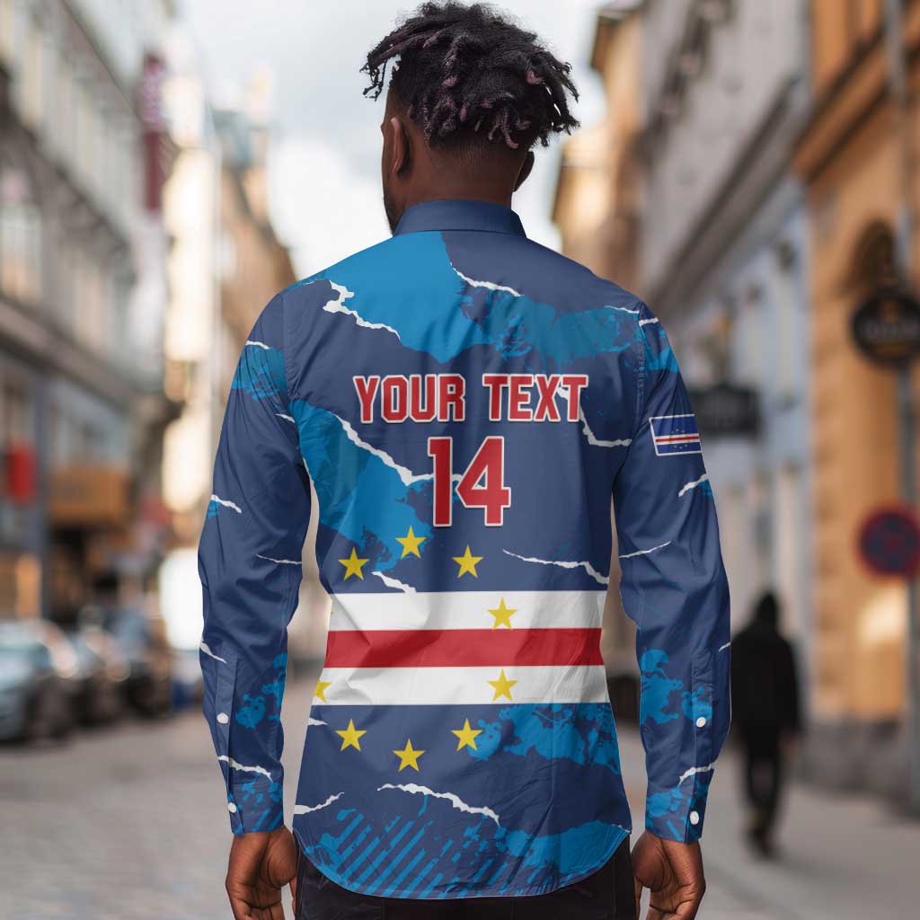 Custom Cape Verde Football Long Sleeve Button Shirt Blue Sharks Mascot