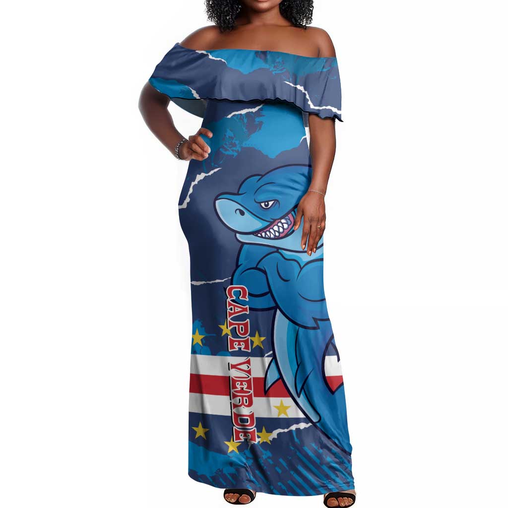 Custom Cape Verde Football Off Shoulder Maxi Dress Blue Sharks Mascot