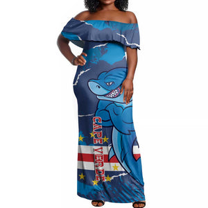 Custom Cape Verde Football Off Shoulder Maxi Dress Blue Sharks Mascot