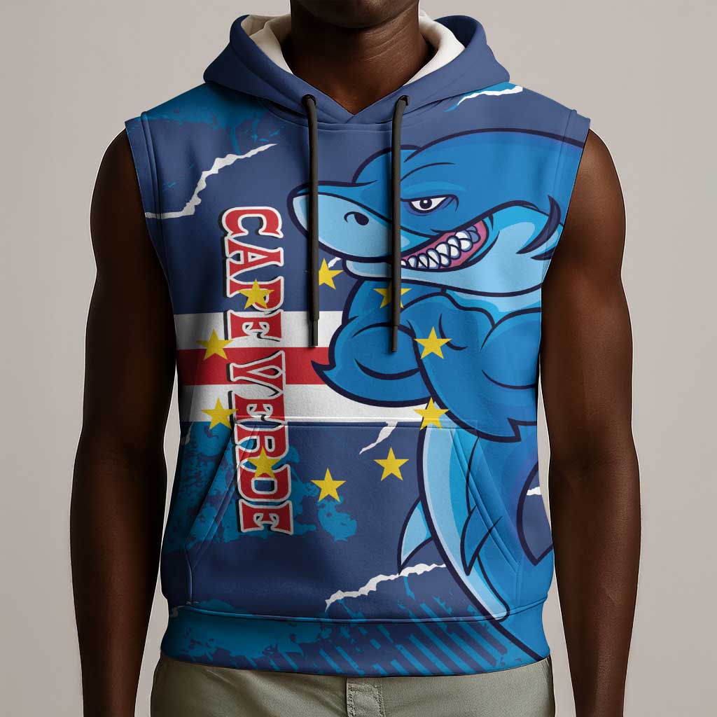 Custom Cape Verde Football Sleeveless Hoodie Blue Sharks Mascot - African Pride