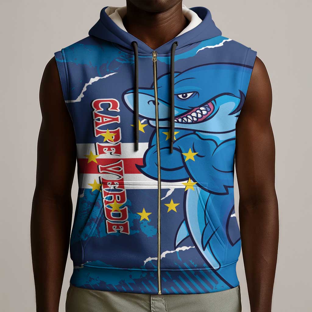 Custom Cape Verde Football Sleeveless Zip Hoodie Blue Sharks Mascot - African Pride