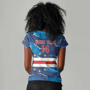 Custom Cape Verde Football Women V-Neck T-Shirt Blue Sharks Mascot