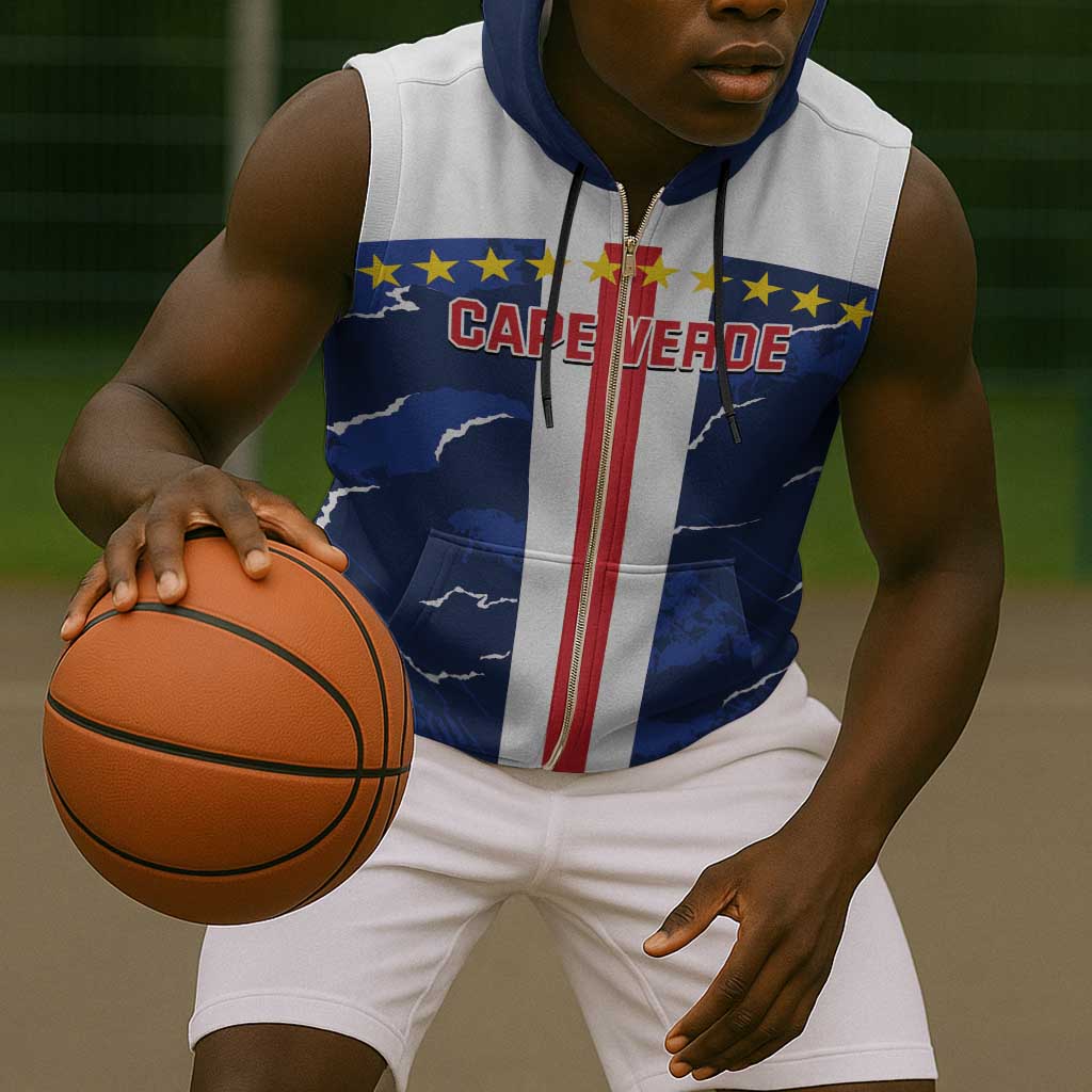 Custom Cape Verde Football Sleeveless Zip Hoodie Blue Sharks Sporty - African Pride