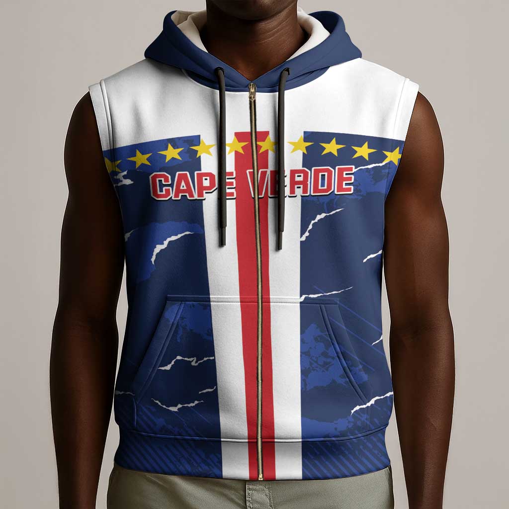 Custom Cape Verde Football Sleeveless Zip Hoodie Blue Sharks Sporty - African Pride