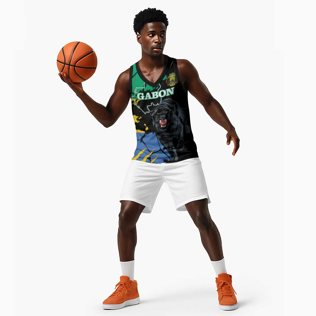 Personalized Gabon Black Panther Basketball Jersey Gabonese Map Grunge Style - African Pride