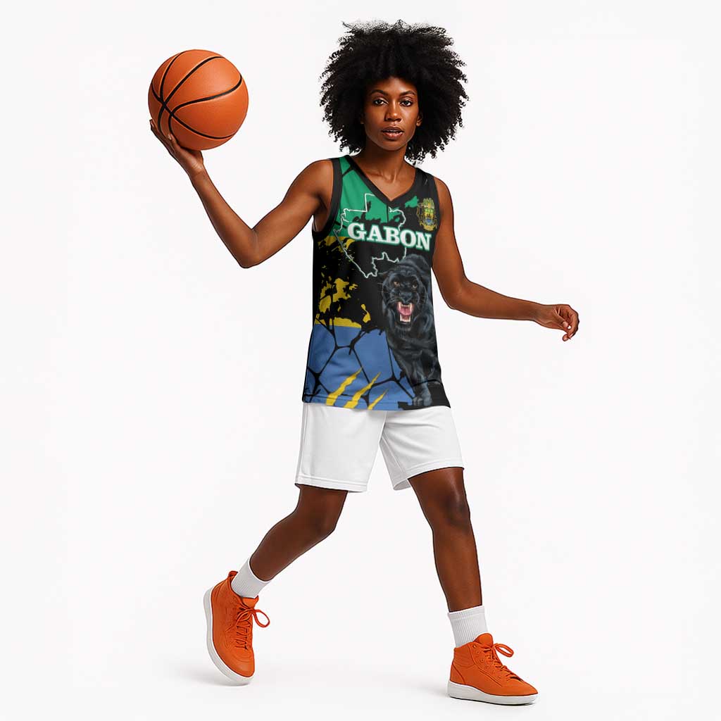 Personalized Gabon Black Panther Basketball Jersey Gabonese Map Grunge Style - African Pride