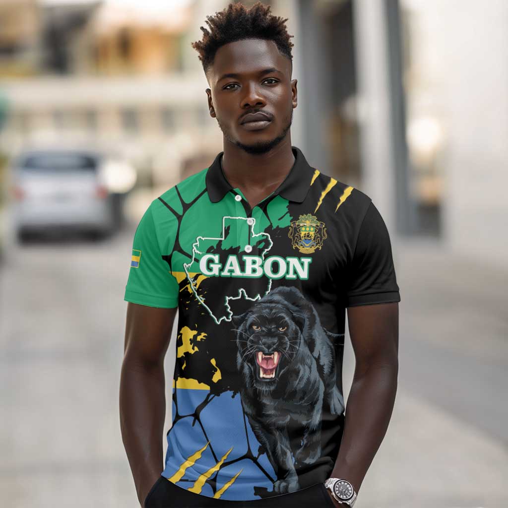 Personalized Gabon Black Panther Polo Shirt Gabonese Map Grunge Style