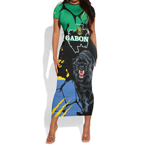 Personalized Gabon Black Panther Short Sleeve Bodycon Dress Gabonese Map Grunge Style LT14