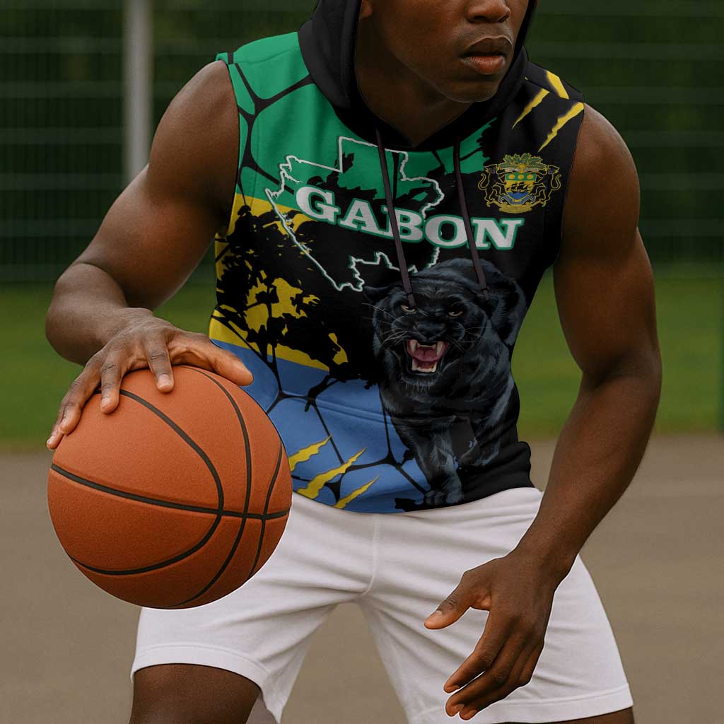 Personalized Gabon Black Panther Sleeveless Hoodie Gabonese Map Grunge Style - African Pride