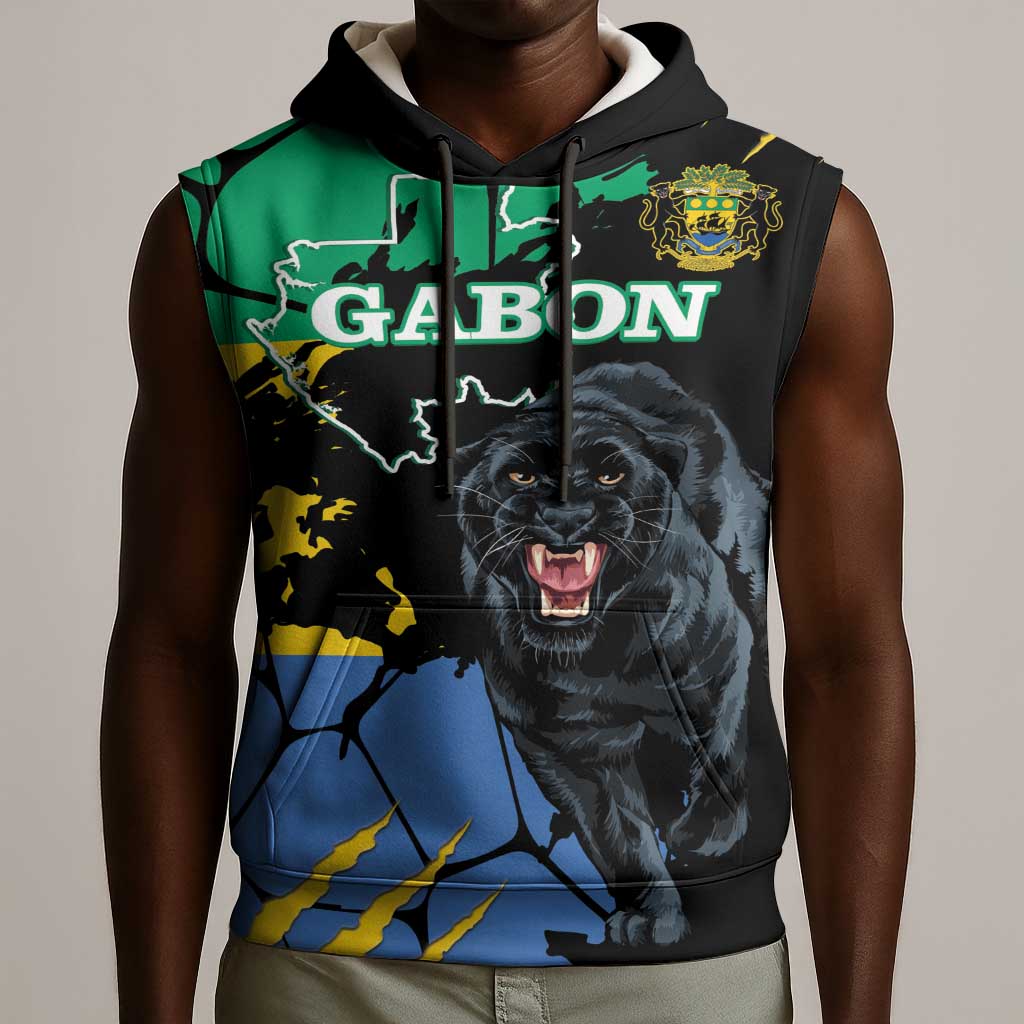 Personalized Gabon Black Panther Sleeveless Hoodie Gabonese Map Grunge Style - African Pride