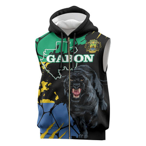 Personalized Gabon Black Panther Sleeveless Zip Hoodie Gabonese Map Grunge Style - African Pride
