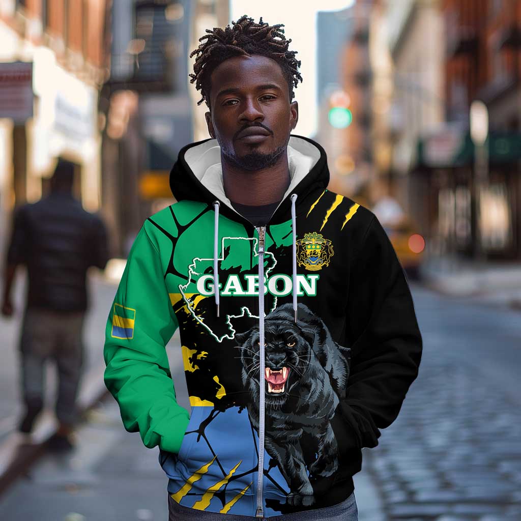 Personalized Gabon Black Panther Zip Hoodie Gabonese Map Grunge Style