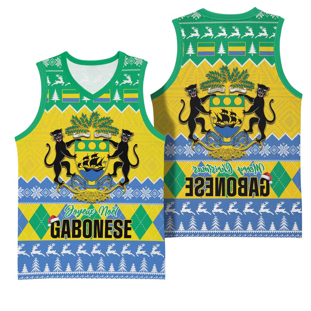 Afro Gabon Christmas Basketball Jersey Joyeux Noel Coat Of Arms - African Pattern - African Pride