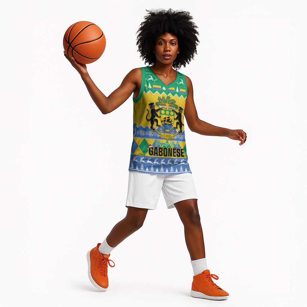 Afro Gabon Christmas Basketball Jersey Joyeux Noel Coat Of Arms - African Pattern - African Pride