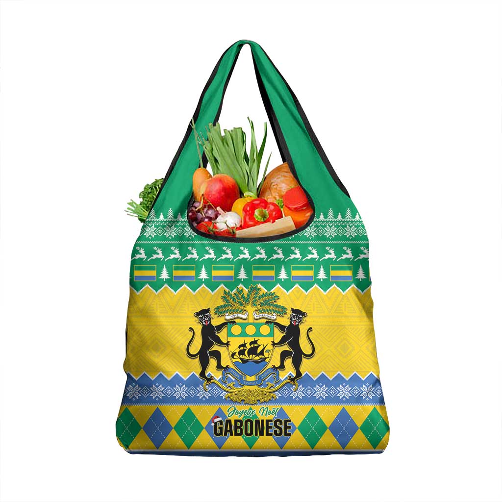 Afro Gabon Christmas Grocery Bag Joyeux Noel Coat Of Arms - African Pattern