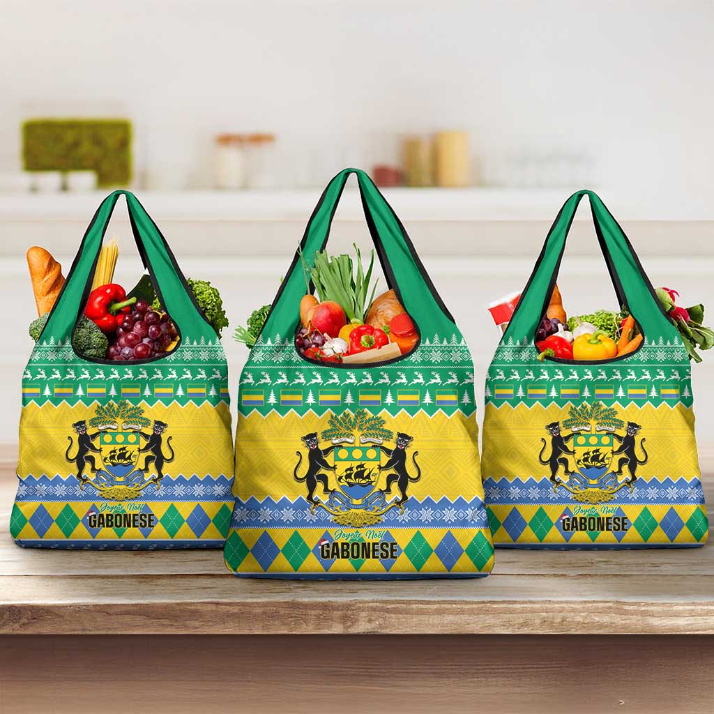 Afro Gabon Christmas Grocery Bag Joyeux Noel Coat Of Arms - African Pattern