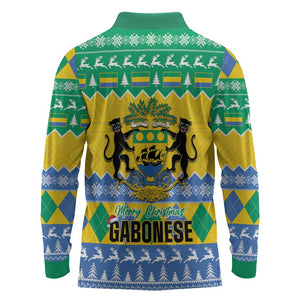 Afro Gabon Christmas Long Sleeve Polo Shirt Joyeux Noel Coat Of Arms - African Pattern