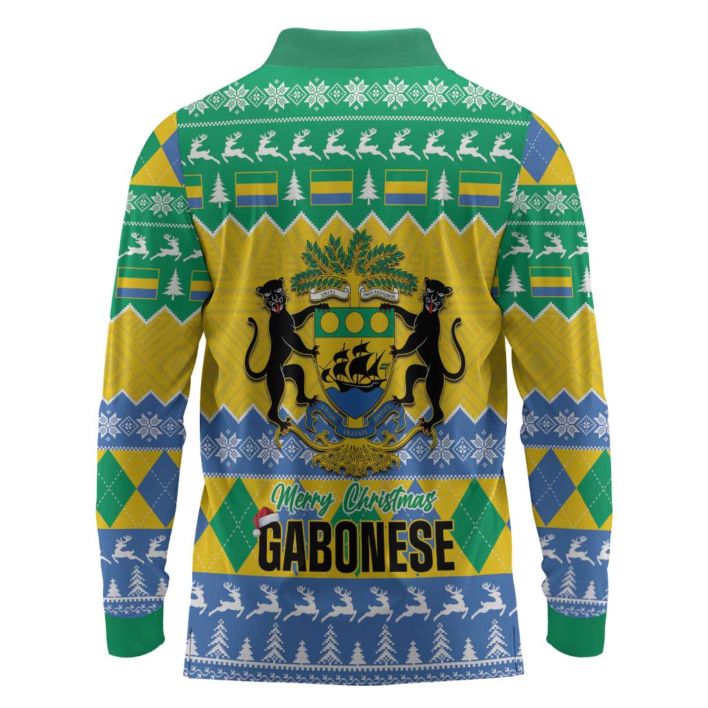 Afro Gabon Christmas Long Sleeve Polo Shirt Joyeux Noel Coat Of Arms - African Pattern