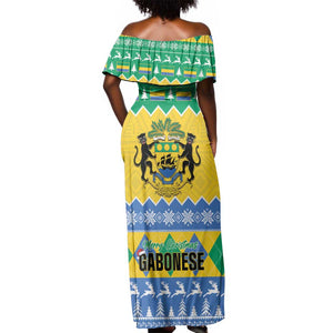 Afro Gabon Christmas Off Shoulder Maxi Dress Joyeux Noel Coat Of Arms - African Pattern