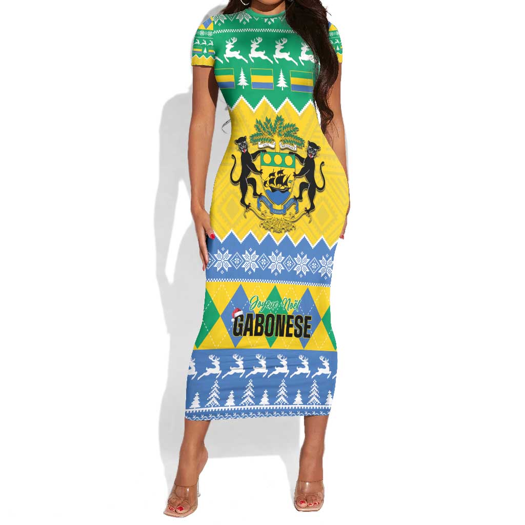Afro Gabon Christmas Short Sleeve Bodycon Dress Joyeux Noel Coat Of Arms - African Pattern LT14