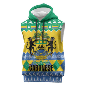 Afro Gabon Christmas Sleeveless Hoodie Joyeux Noel Coat Of Arms - African Pattern - African Pride